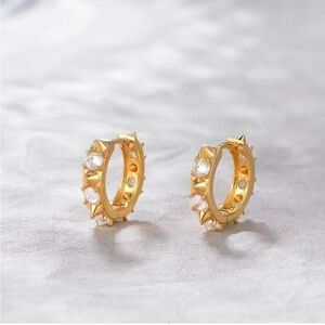 Gold 14k Gold Plated Spiked Cubic Zirconia Hoop Earrings